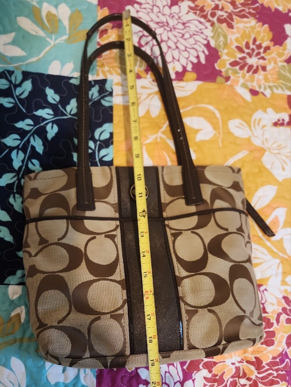 COACH Brown Signature Shoulder Tote with Dark Brown Trim - Picture 13 of 14